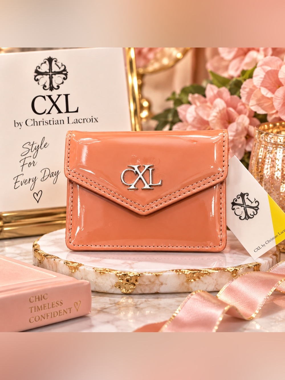 Christian Lacroix CXL Glossy Tango Peach Patent Card Holder Wallet NWT
